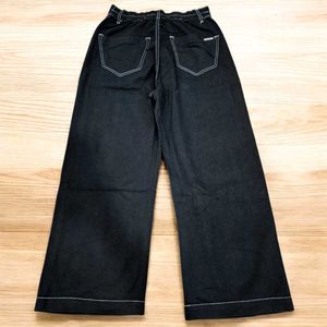 Black Wide-Leg Artistic Face Print Pants