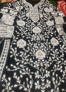 Ganderi Women&#39;s Georgette Chain Work Embroidered Kurta And Palazzo With Dupatta Set