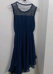 Navy Blue Sheer Neck Dress