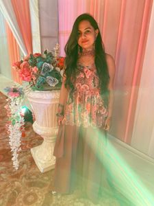 pinki wine shade sharara set included one side knot top with sharara pant and butterfly dupatta( stitched)