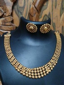 Golden Beaded Necklace and Earring Set