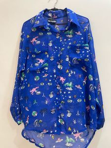 Blue Sheer Novelty Print Button Down Shirt