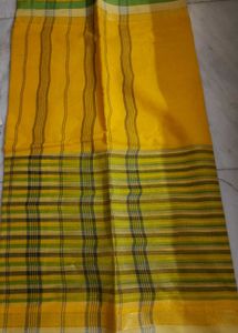 Woven Tant Cotton Yellow &amp; Green Striped Saree