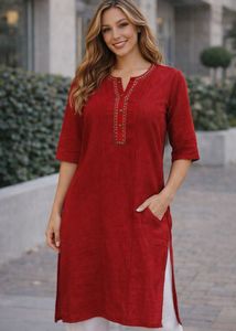 Embroidered Long Kurti Combo – Red &amp; Blue (Size M)