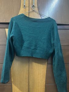 Green Cropped V-Neck Sweater