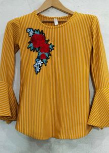 Striped Floral Embroidered Bell Sleeve Top