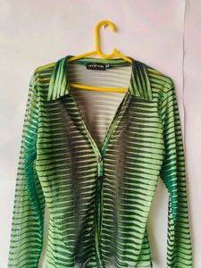 Prettylittlething y2k gren&amp;black stripe mesh shirt