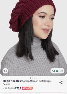 Unisex Maroon Self Design Beanie Warm Winter Cap