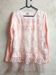 Partywear Lace Top Layered Blouson Pink