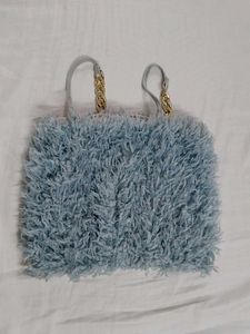 Fluffy Faux Fur Crop Top with Gold Chain Straps –
