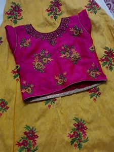 Yellow N Magenta Crop Top With Skirt