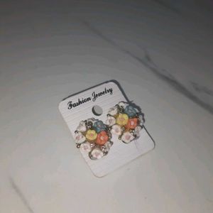 Multi-color Flower Studs With Gold Stones Work