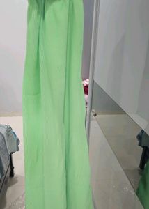 🪄Elegant Beige Embroidered Dress with Lime Green