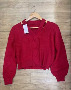 Red V-Neck Cutout Sweater Top