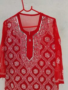 Red Embroidered Kurta