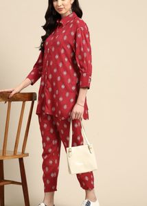 Red Print Button-Down Top And Pant Set