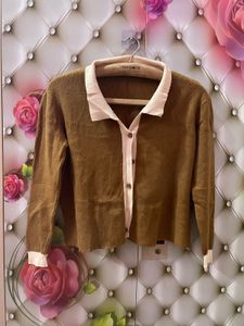 Brown Cardigan with White Collar