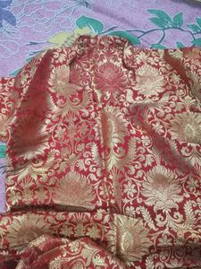 red and off white colour banarasi suit