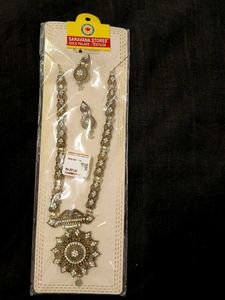 Silver Long Necklace Set with Pendant and Earrings
