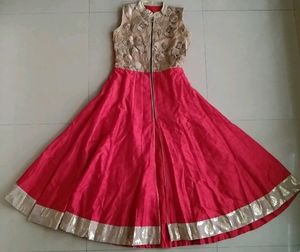 Red Zipper Gown Dress With Golden Lengha Size-M