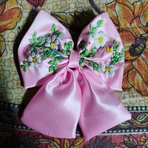Pink Embroidered Bow Hair Clip
