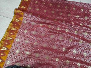 Red And GoldVelvet Saree with Stitched Blouse