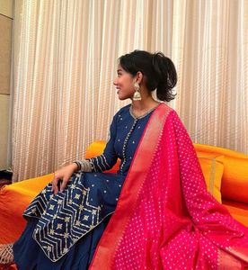 Royal Blue Garara Set With Hot Pink Dupatta