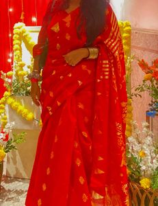 Red & Gold Design Saree with Blouse Piece
