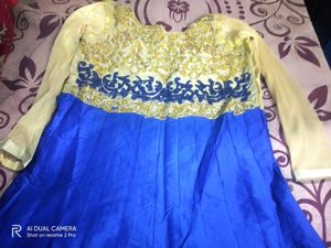 Golden Blue GOWNS With Cut Work Front Side.