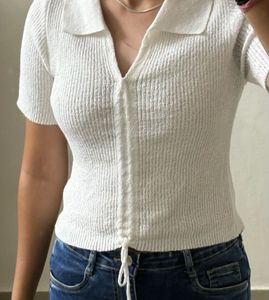 White Knit Polo Top