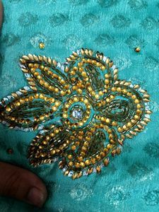 Teal &amp; Gold Embroidered Saree
