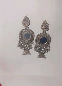 Boho Silver Tone Mirror Jhumka Earrings