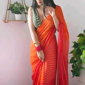 Striped Orange &amp; Red Saree