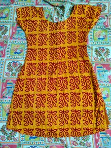 Yellow &amp; Red Leaf Print Dress With Dupatta