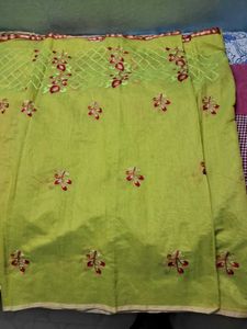 BrandNew Embroidary LimeGreen ChanderiCotton Saree