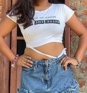 Graphic Print Tee and Denim Skirt Set
