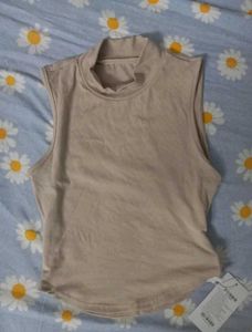 Beige Sleeveless Mock Neck Top