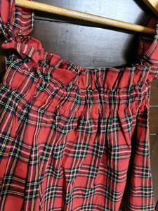 Girl Red Off Shoulder Elastic Plaid Top