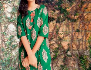 Women Trendy Mirror work Printed Rayon Fabric Green Color Kurti with Designed Red Color Sharara