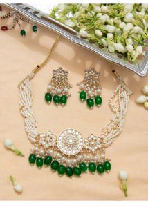 Ethnic Off White And Green Pearl Choker Set