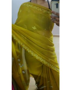 Sale 🌟🌟 bollywood OLIVE GREEN pure chiffon saree with embroidery work with readymade blouse, size : 36 | supersoft