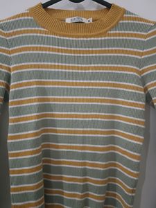 Women Mock Neck Yellow Stripes Sweater
