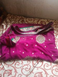Pink Saree With Beautiful Sliver Flowers Design