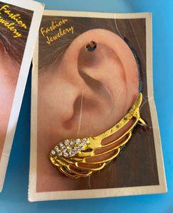 Gold Wing Ear Cuff Earrings with White Stones