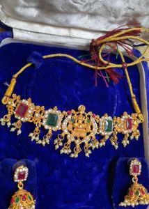 Gold Plated Lakshmi Devi green beads choker