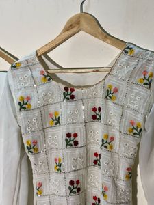 Embroidered White Kurti And Sharara Set