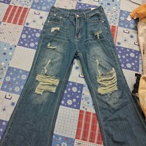 Blue Denim Distressed Jeans Bootcut