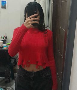 Red Distressed Crop Top