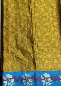 Unused Golden Colour Saree With Blue Border