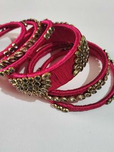 Handcrafted Pink Silk Thread Bangles with Kundan